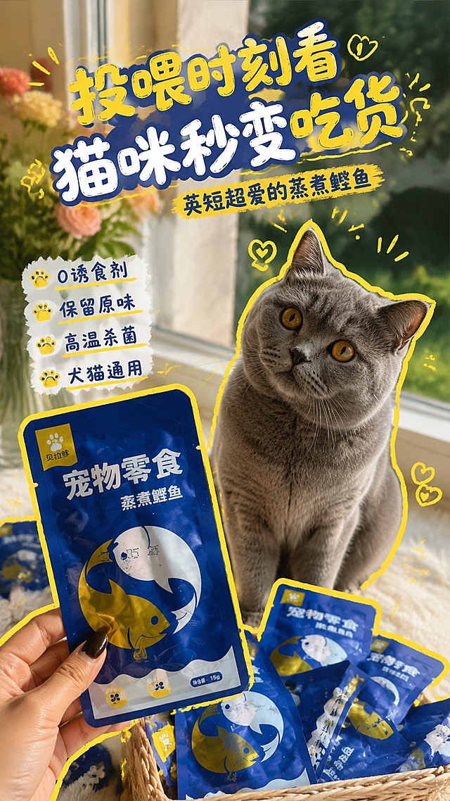 小红书封面图，贝拉哆蒸煮鲣鱼宠物零食，参考图为真实宠物合影手绘描边风格，展示产品包装和英短猫咪合影，黄色描边装饰，手写风格卖点文字，主标题“投喂时刻看 猫咪秒变吃货”，副标题“英短超爱的蒸煮鲣鱼”，卖点文字“0诱食剂 保留原味 高温杀菌 犬猫通用”，真实飘窗场景，活泼有趣风格，适合小红书竖版封面