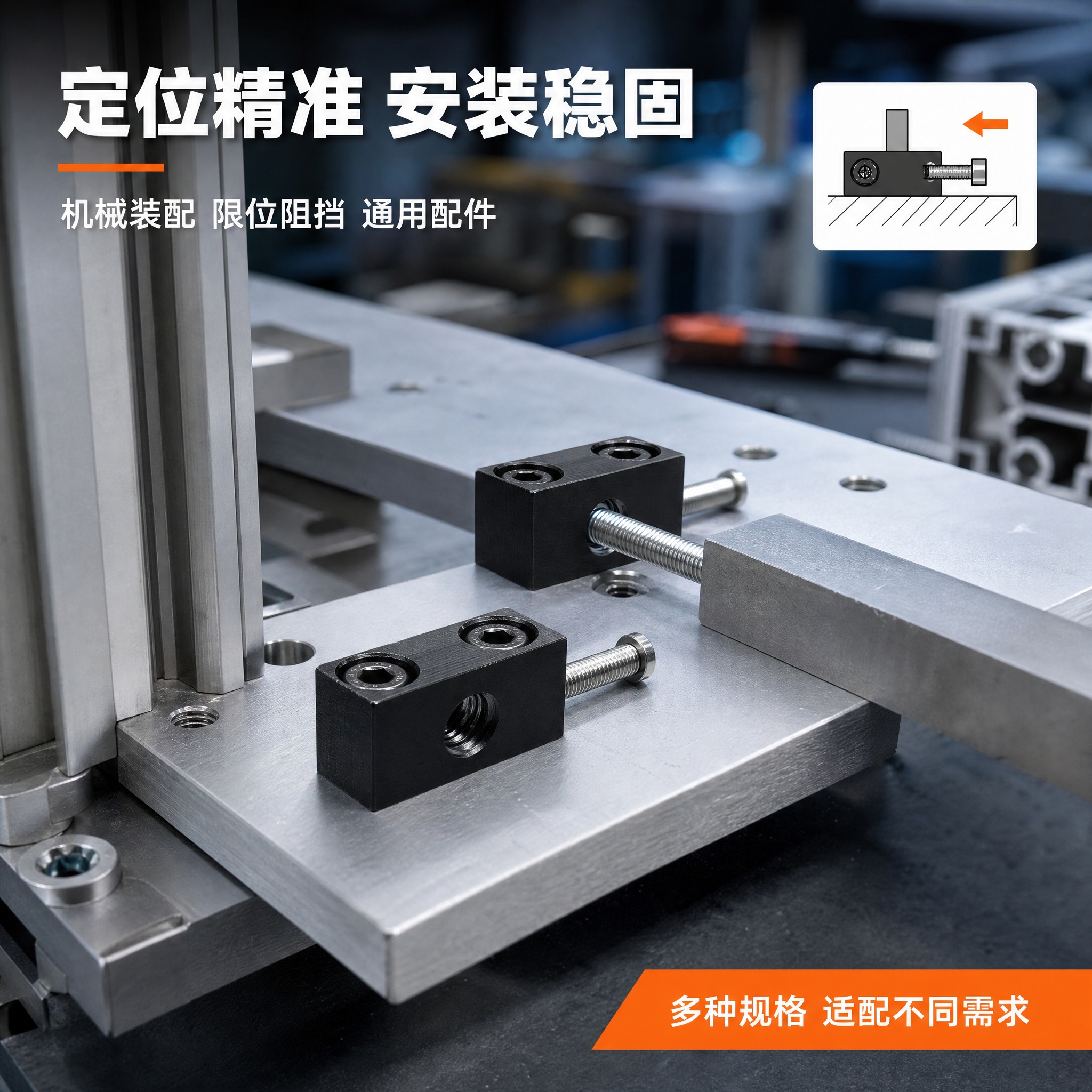 [主图-4] 安装应用场景图，展示双孔定位挡块在工业机械装配中… - 图片创意预览