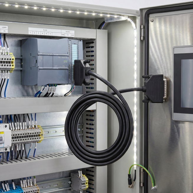 Keep the D-Sub 25 pin cable product appearance completely unchanged, show the cable connecting a PLC预览效果