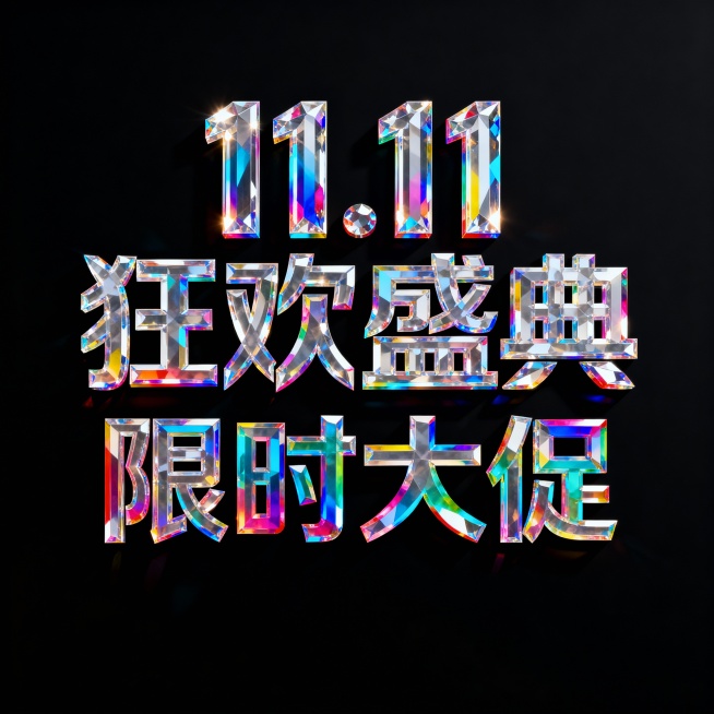 黑色背景，顶部有晶莹剔透的彩色水晶立体字“11.11狂欢盛典”，下方是同样材质的彩色水晶立体字“限时大促”，水晶字体具有透明质感和折射光泽，整体画面简洁大气，突出文字的立体感与华丽感预览效果