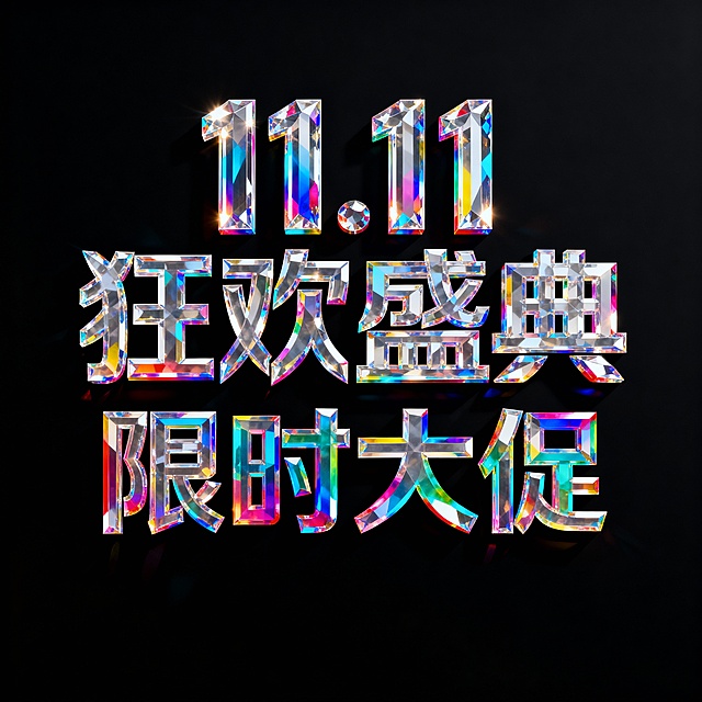 黑色背景，顶部有晶莹剔透的彩色水晶立体字“11.11狂欢盛典”，下方是同样材质的彩色水晶立体字“限时大促”，水晶字体具有透明质感和折射光泽，整体画面简洁大气，突出文字的立体感与华丽感