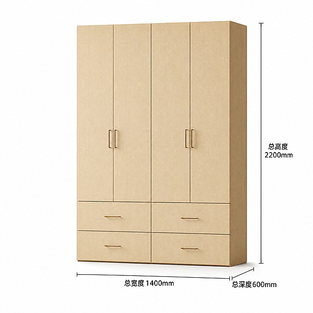 产品精修，产品置于纯白背景上，专业商业棚拍光，5500K标准中性白光，轮廓光，体积光，曝光正确，强烈真实立体感，标准透视校正，正常透视焦段，保持前侧视图机位，接地处保留干净浅淡的自然接触阴影，严禁大片投影、脏灰阴影和悬浮感，主体居中，商品完整入画不裁切，商品外轮廓视觉体量约画面60%-80%，四边均匀留白约10%-20%，严禁满幅铺满与贴边顶满，极致超清画质，细节清晰锐利，商业级实拍质感，保留原图真实材质与结构细节，提升商品洁净度和商业新品感，清除旧痕、灰暗、脏斑和不均匀色块，保留原图颜色分区、材质色相、结构和功能细节，禁止整体提亮改色，锁定原图商品颜色，颜色以输入图为唯一参考，分段部件颜色边界按原图锁定，锁定原图商品轮廓、件数、部件位置、连接关系、标签文字和可见功能细节，只做精修不重绘结构，几何线条笔直，层数、抽屉、隔板、门板、把手位置与原图一致，无多余标签，锁定扣件、把手等敏感细节的颜色、材质、形状、位置、数量和连接关系，木质质感自然，木纹方向清晰，深浅层次丰富，结疤细节和原有光泽真实，在柜体正面用黑色标准字体清晰标注尺寸：总高度2200mm、总深度600mm、总宽度1400mm，标注文字工整清晰，前侧视图，比例1:1