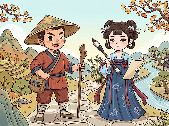 双人物设定：沂蒙少年沂蒙小壮士和琅琊书韵小才女。男娃沂蒙小壮士元素取自沂蒙红嫂和沂蒙精神，穿着粗布布衣，头戴斗笠，带有沂蒙山纹，性格质朴勇敢、热血正气；女娃琅琊书韵小才女取自王羲之书圣和琅琊古都，穿着汉服襦裙，手持毛笔，发髻带有银杏元素，温婉雅致、自带书香感。采用红蓝CP配色，红色代表沂蒙红色文化，青蓝代表沂河涑河水城文脉，IP形象设计，卡通风格