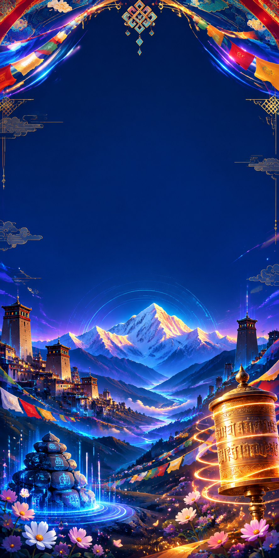 H5答题背景图，甘孜州藏族特色融合科技感风格，画面中央和上方留… - 图片创意预览