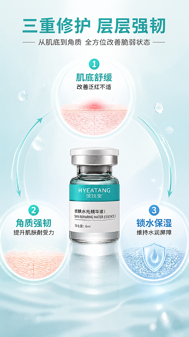 [第4张] 功效深化-肌底舒缓+角质层强韧+锁水保湿三效链路页。本张使用【图1】中的单支安瓶精华作为产品主体展示在中央。
[氛围/风格] 水润清透护肤风，三层功效可视化，色彩光亮有层次，商业质感。
[元素布局] 画面中央为单支安瓶精华液特写（占比约30%），瓶身玻璃通透带青绿色液体；围绕产品呈环形分布3个功效板块：上方「肌底舒缓」配泛红消退示意图，左下「角质强韧」配皮肤层增厚示意图，右下「锁水保湿」配水分子锁入示意图；背景为浅青蓝水光渐变，带波纹、水滴、微光粒子装饰，三层功效区用不同深浅蓝色区分。产品安瓶外观、标签颜色与输入图一致。
[光影质感] 中央顶光提亮瓶身，三区域各有柔光点染，整体通透明亮，水润质感强。
[配色色系] 全局底色渐变 #E0F2F5 到 #B8E0E6；主色青绿色 #2A9D8F；辅助色天蓝、浅蓝、白色；点缀色淡金。
[视角构图] 中心放射式构图，产品居中，三功效环绕，阅读动线从中心产品向四周扩散。
[文字版式] 顶部大标题「三重修护 层层强韧」，副标题「从肌底到角质 全方位改善脆弱状态」；三个功效板块分别有标题+2行说明文字：「肌底舒缓 改善泛红不适」「角质强韧 提升肌肤耐受力」「锁水保湿 维持水润屏障」；文字青绿色与深灰搭配，层级清晰。
[比例分辨率] 9:16竖版，4K分辨率，文字清晰可读，高清画质。
[负向提示词] 产品变形，颜色偏差，包装文字错乱，水印，文字过小，医疗功效承诺，优惠信息。