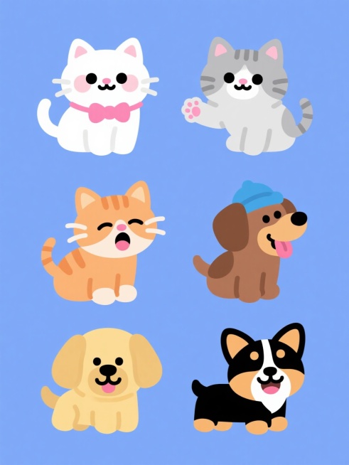 一套可爱的卡通动物系列素材集合，采用简洁明快的扁平化插画风格，纯色背景。画面中规整排布着三只不同造型、角度的猫和三只不同造型、角度的狗。所有动物均使用圆润流畅的线条绘制，呈现大头小身的Q版比例，眼睛为圆形或椭圆形并带有高光，表情生动可爱，充满童趣。猫的造型包括：一只戴着粉色蝴蝶结的白色短毛猫，表情乖巧；一只伸出粉色小爪子的灰色折耳猫，姿态活泼；一只眯着眼睛打哈欠的橘色狸花猫，神态慵懒。狗的造型……预览效果