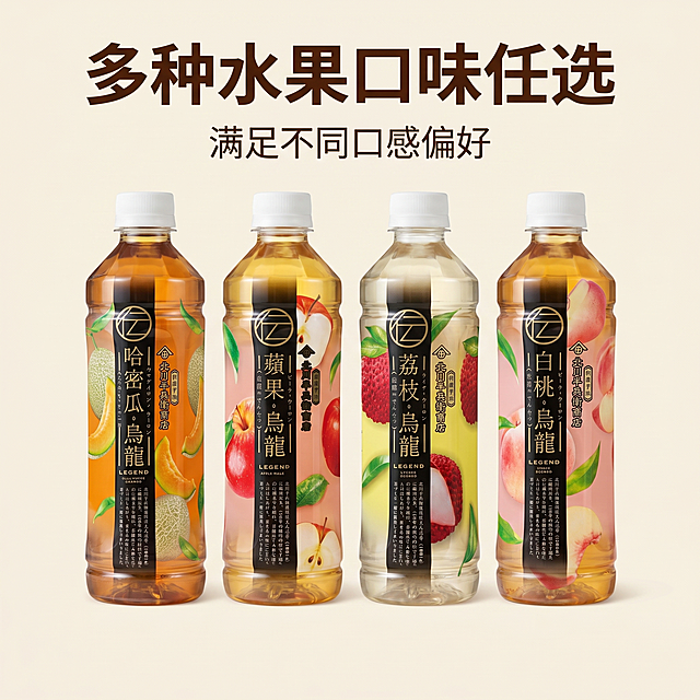 [主图 5] 多口味全家福展示
[氛围风格] 整齐陈列，清晰展示全系列口味
[画质] 商业摄影质感、光线柔和通透、产品清晰真实、画面干净高级
[元素] 将北川半兵卫全系列口味（白桃、荔枝、苹果、哈密瓜）整齐排列在浅色背景上，每瓶都完整展示标签，保持原瓶外观一致。瓶身之间间距均匀，背景简洁。商品整体占比约75%，画面满铺无边框。
[光影] 均匀正面柔光，每个产品都清晰展示，色彩还原准确
[配色] 浅色背景，各瓶标签天然配色，丰富但不杂乱
[视角构图] 平视，整齐矩阵排列，一目了然
[文字版式] 顶部居中主标题 "多种水果口味任选" 深褐色粗体，下方小字 "满足不同口感偏好"，不遮挡产品
[比例分辨率] 1:1 比例，2k分辨率，文字清晰锐利，画面超高清
[负向提示词] 变形，水印，文字错乱，产品图模糊，背景杂乱，排列拥挤