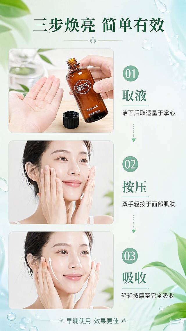 [第5张] 详情页使用步骤页-媛汉芳灯泡肌1号液三步使用方法演示。本张使用【图1】作为产品主体，保持琥珀色玻璃瓶外观与瓶身文字完全一致。
[氛围/风格] 清新步骤教学风，简洁明了，生活仪式感，商业设计质感。
[元素布局] 画面采用上中下三步纵向分栏布局：第一步顶部：洁面后取适量精华液于手心，旁边放打开瓶盖的产品瓶；第二步中部：双手轻揉温热后按压于面部，展示双手轻拍脸颊的动作特写；第三步底部：由内向外轻轻按摩至吸收，展示肌肤吸收后通透的状态；每一步之间用虚线箭头连接；背景是浅薄荷绿到淡青色渐变，点缀水滴与叶片元素。
[光影质感] 均匀柔光照明，每一步画面明亮清晰，手部肌肤细腻，产品瓶身通透有光泽，整体干净清爽。
[配色色系] 全局底色渐变 #F0FFF0 到 #E0FFFF；主色清新薄荷绿；辅助色白色、浅木色台面。
[视角构图] 纵向三步流布局，阅读动线从上到下，每步左图右文。
[文字版式] 顶部大标题「三步焕亮 简单有效」；每一步左侧圆形步骤编号「01/02/03」，右侧步骤说明：「01 取液 洁面后取适量于掌心」「02 按压 双手轻按于面部肌肤」「03 吸收 轻轻按摩至完全吸收」；底部小字提示「早晚使用 效果更佳」。文字清晰，字号适中。
[比例分辨率] 9:16 竖版比例，4K分辨率，文字清晰可辨，高清画质。
[负向提示词] 产品变形，步骤错误，黑金风格，水印，文字错乱，文字过小。