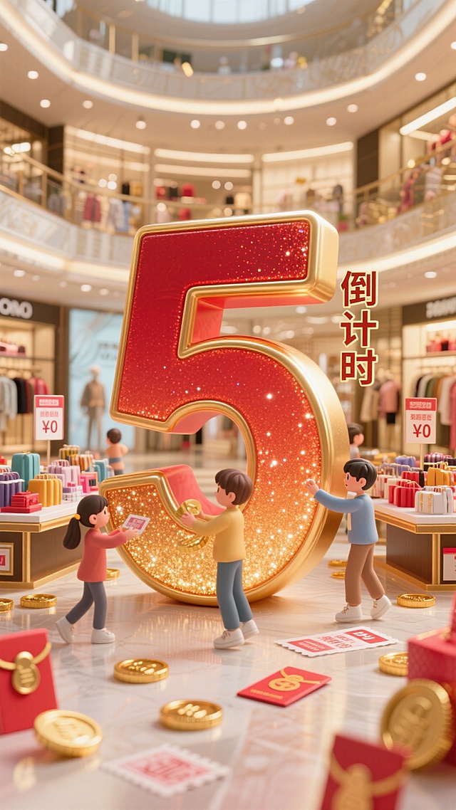 巨大的数字“5”在画面中间，红金渐变，带有闪亮效果。旁边是简单的“倒计时”。背景为豪华的购物厅，桌子上摆满了各种特卖商品和折扣标签。男生女生在前面抢购，旁边有金币、红包和优惠券。