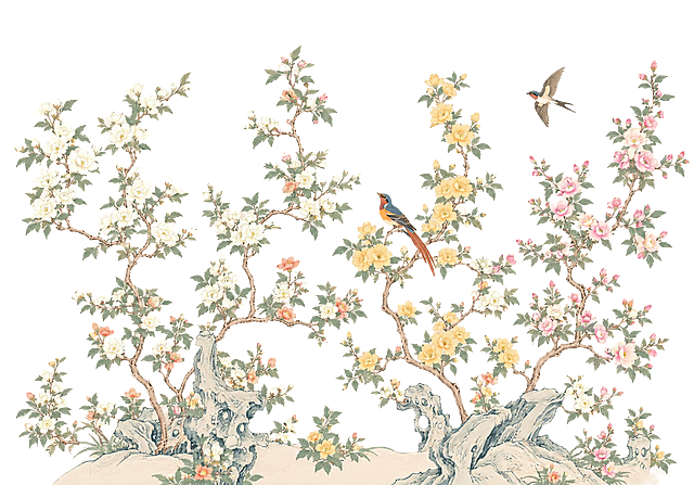 参考图中的中国工笔花鸟风格，重新生成一幅扁平风花鸟图，画面包含多株盛开的花枝，有白色、黄色、粉色的花朵，枝叶繁茂，枝头上栖息着一只色彩艳丽的小鸟，空中有一只飞鸟，底部有造型古朴的假山石，整体采用浅米色暖色调背景，画面高度清晰，扁平插画风格，线条干净流畅，色彩柔和雅致，构图舒展优美，保留传统工笔画的意境但用扁平化的表现手法