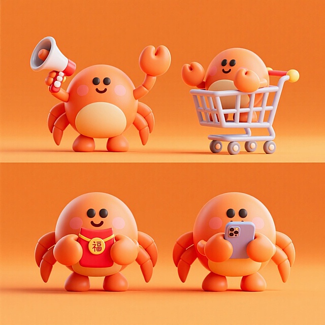 软3D风格的拟人螃蟹，萌趣十足，手持喇叭、购物车、红包与手机，充满卡通感与喜庆氛围，传递节日欢乐。