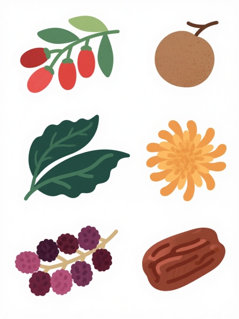 一组六个不同中药材元素的系列插画集合，保持与原图一致的平面卡通插画风格，每个元素均以独立的白色背景呈现，规整排布。元素包括：1. 红色枸杞果实与绿色枝叶的组合，形态自然下垂；2. 棕色饱满的桂圆果实，带少量枝干；3. 深绿色卷曲的茶叶叶片，边缘有自然波浪；4. 橙黄色的干菊花，花瓣呈放射状排列；5. 紫红色的桑葚果实，成串生长；6. 棕褐色的干红枣，带有纵向纹理。所有元素均采用相同的明亮色彩、……预览效果