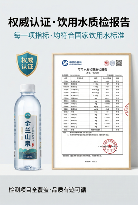 2:3竖版电商详情图，新中式极简风，杂志级权威认证排版。画面主体：左侧为金澜山泉360ml定制矿泉水瓶身竖放，右侧为高清扫描的饮用水质检报告核心页面，带有红色公章、检测机构标识，报告内容清晰可辨。背景预览效果