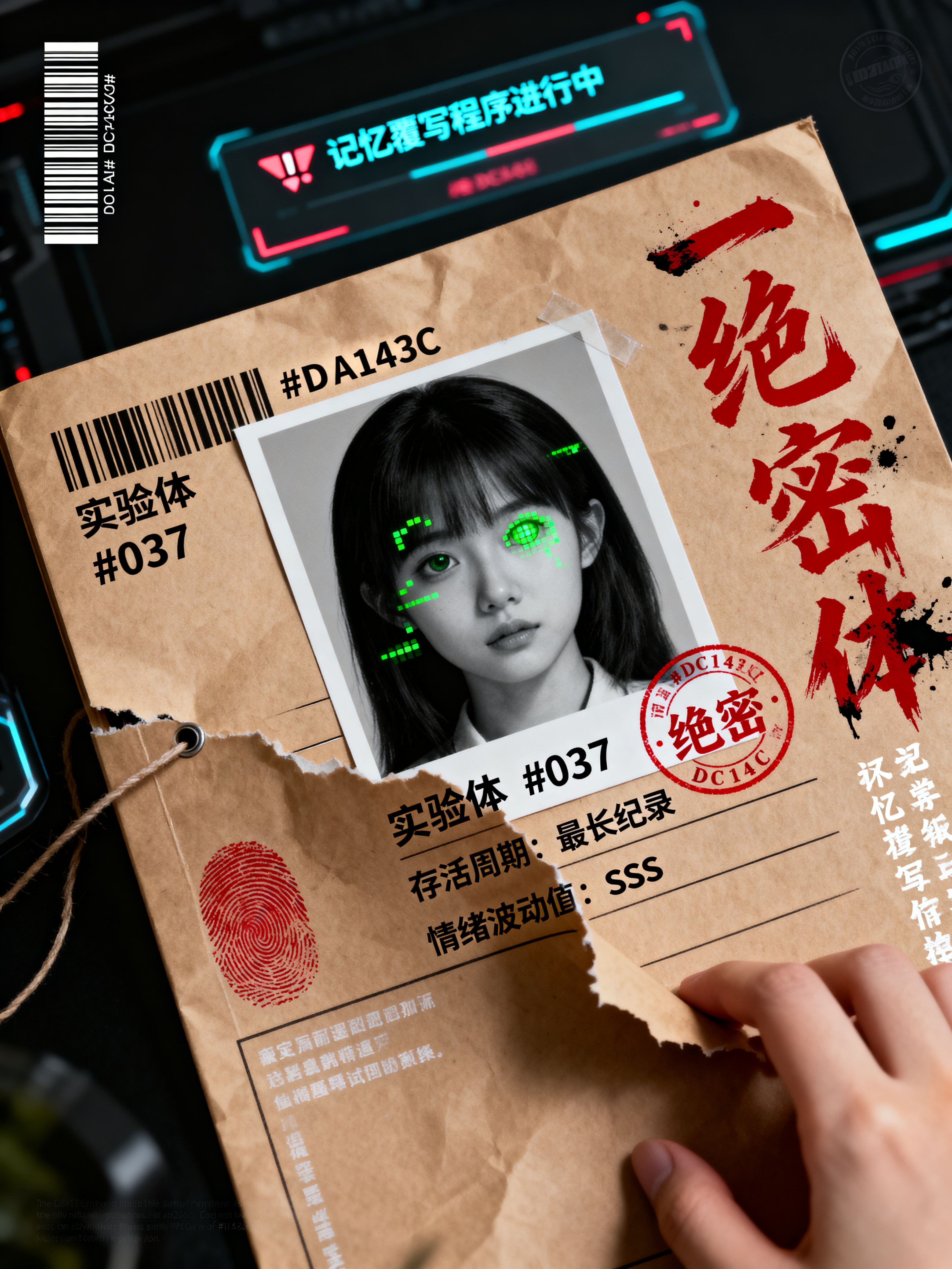 主体是一本摊开的牛皮纸档案袋占据画面中央，内页贴着一张少女的黑… - 图片创意预览