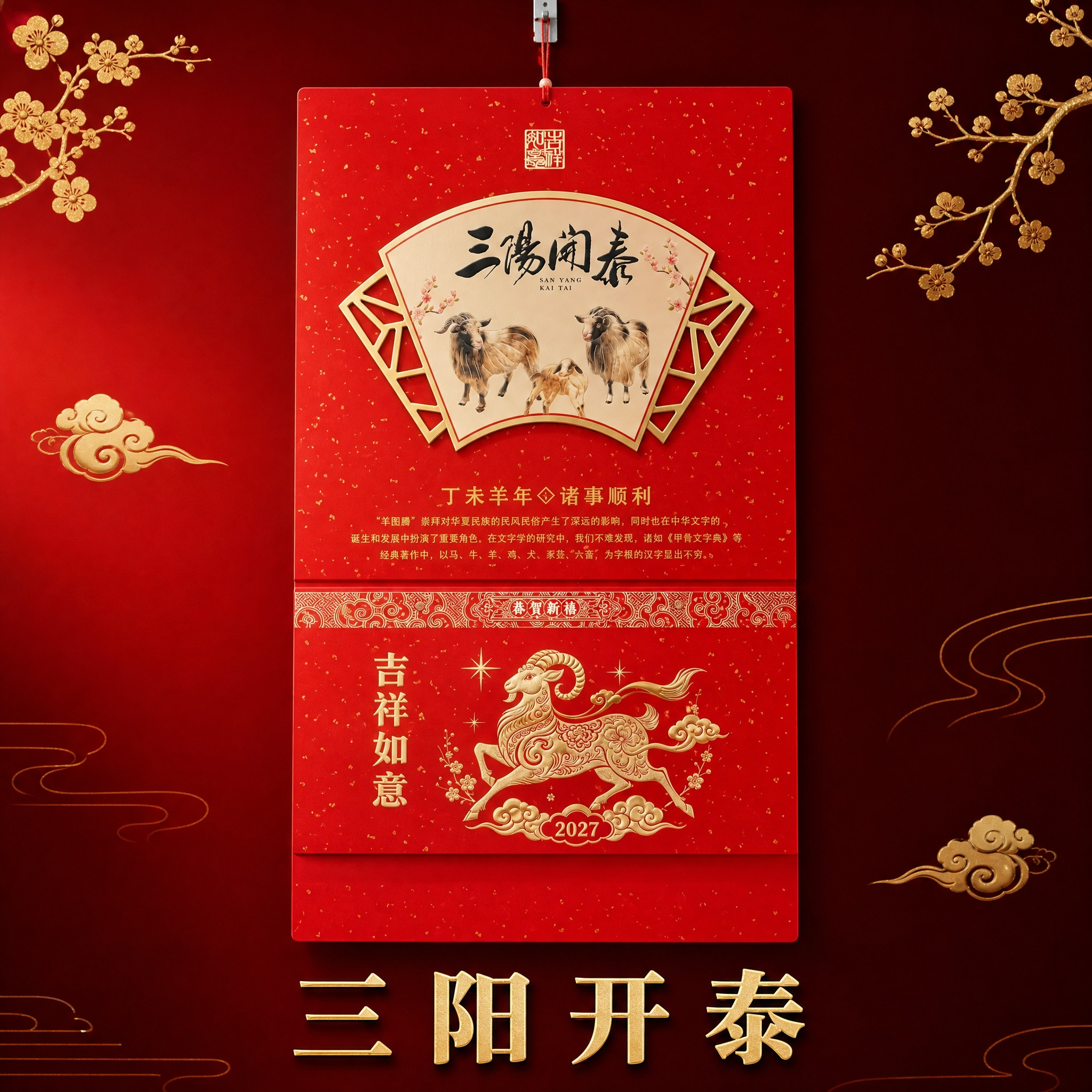 三阳开泰款2027羊年中国红烫金挂历 SKU单品图。 [统一基… - 图片创意预览