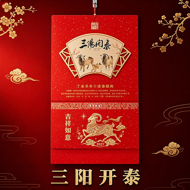 三阳开泰款2027羊年中国红烫金挂历 SKU单品图。
[统一基调] 喜庆中国风 高端烫金质感 深红色渐变背景 烫金色文字装饰 整体大气喜庆。
[画面] 挂历正面平视居中展示，完整保留三段式结构：上半部分扇形三阳开泰图案（三只羊+梅花+书法文字）、中间吉祥如意羊年烫金图案、最下方红色广告位区域全部可见。挂历顶部挂绳和挂钩清晰，红色底洒金工艺、烫金凹凸质感真实细腻。主体占比约70%，背景为深红色渐变，四周有少量金色祥云、梅花枝装饰点缀，简洁大气突出产品。
[光影质感] 商业摄影质感 正面均匀柔光 挂历平整无褶皱 烫金部分有细腻金属光泽 纸张纹理清晰 整体光线均匀柔和 底部有轻微投影增加立体感。
[配色] 深红色渐变背景 中国红挂历主体 烫金色装饰 整体喜庆高级。
[文字版式] 挂历下方标注金色黑体大字"三阳开泰" 文字清晰不遮挡挂历主体。
[输出要求] 比例1:1 文字清晰可读 产品清晰完整 挂历底部广告位区域必须完整保留 无变形 无错字 无模糊 无水印 无平台Logo。