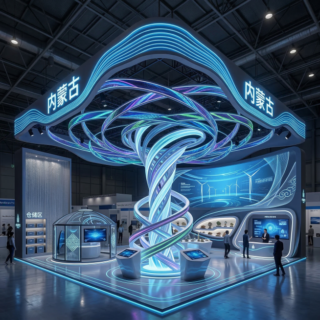 超现实科技中枢风格展览会展台，宽度10米、长度20米、高度6米，三面开口一面背墙，三面开口门楣加入「内蒙古」发光字，多曲面流动旋转造型，打破传统方框结构，线条梁体穿插设计，内部加入异形展示柜，工业光魔预览效果