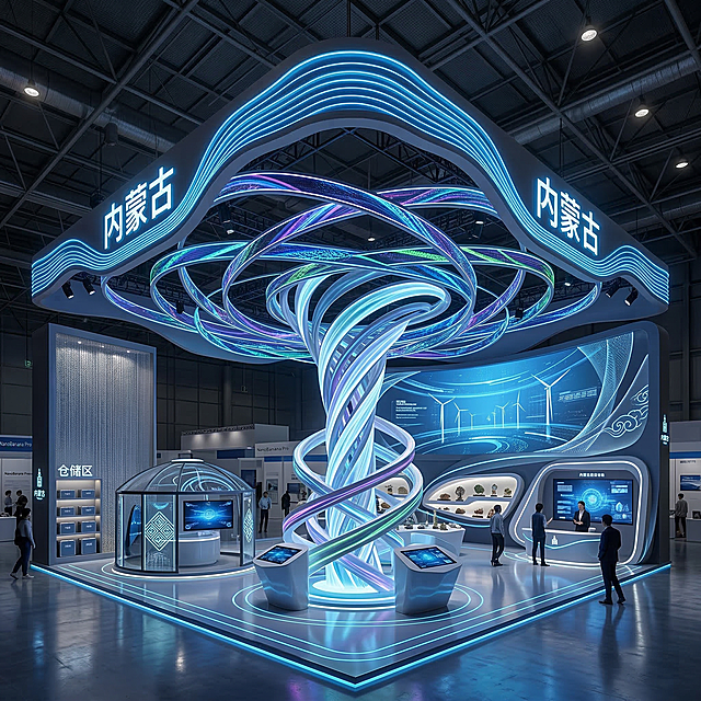超现实科技中枢风格展览会展台，宽度10米、长度20米、高度6米，三面开口一面背墙，三面开口门楣加入「内蒙古」发光字，多曲面流动旋转造型，打破传统方框结构，线条梁体穿插设计，内部加入异形展示柜，工业光魔风格，动态光影对比，广角镜头呈现强空间感。展台融合内蒙古文化与蒙古族元素，内部规划有仓储区、LED大屏展示区域。