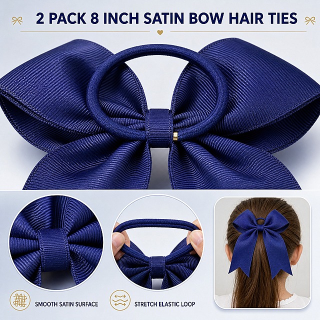 [主图-3] 商品名称：2 Pack 8 Inch Navy Blue Satin Bow Hair Ties（2个装 8英寸深蓝色缎面蝴蝶结发圈）。主题与唯一任务：材质与结构细节图，用微距与两枚圆形放大窗证明缎面质感与弹性马尾发圈结构，版式为上下分层，与尺寸图明显不同。
[统一基调] 整套 Amazon 主图统一视觉：干净高级的儿童发饰 listing infographic；浅雾蓝灰到白的柔和渐变背景、深海军蓝与柔和香槟金点缀、深海军蓝图标题、中灰蓝说明字、无衬线几何字体、圆角白卡片配细蓝描边组件、柔和影棚柔光。
[画面] 上下分层构图：上部大图为深海军蓝缎面蝴蝶结的微距俯视，镜头贴近中央结扣与缎面环，可见细密缎纹织线、柔和高光与包边缝线；下部并排两枚圆形放大窗，第一枚放大中央结扣与包边缝线，第二枚放大顶部弹性发圈被轻微拉伸的状态，展示其可套入马尾的拉伸结构与回弹效果；画面右下再放一枚圆角小窗，显示装好后的蝴蝶结在儿童马尾上的完成状态作为语境组件。产品为 2 个装规格中的一个，颜色与结构、燕尾缺口与输入产品图完全一致。
[光影质感] 微距棚拍柔光，加入可控侧逆光突出缎面经纬光泽与立体褶皱，暗部干净通透，阴影柔和。
[配色] 沿用统一浅雾蓝灰到白渐变背景，海军蓝描边与香槟金线性图标点缀，产品保持深海军蓝本色。
[文字版式] 主标题 2 PACK 8 INCH SATIN BOW HAIR TIES 置于顶部留白，深海军蓝全大写加粗；两枚放大窗分别配小号英文说明 SMOOTH SATIN SURFACE 与 STRETCH ELASTIC LOOP，字号比标题小 50% 以上，横排且不遮挡主体；负向：不得出现中文、错字或 Best、No.1 等夸大用语。
[输出要求] 1:1 方图，材质纹理与缝线清晰、产品无变形；负向：中文、错字、模糊、水印、平台 Logo、杂乱、把手穿模、边缘硬切。