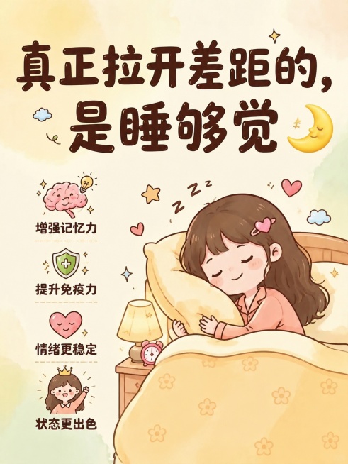 小红书生活干货图文配图，延续参考图的可爱卡通插画风，浅暖黄渐变背景，顶部标题为「真正拉开差距的，是睡够觉」，字体风格和整体版式和参考图保持一致，整体风格可爱治愈和参考图一致，画面比例3:4，4K，主标预览效果