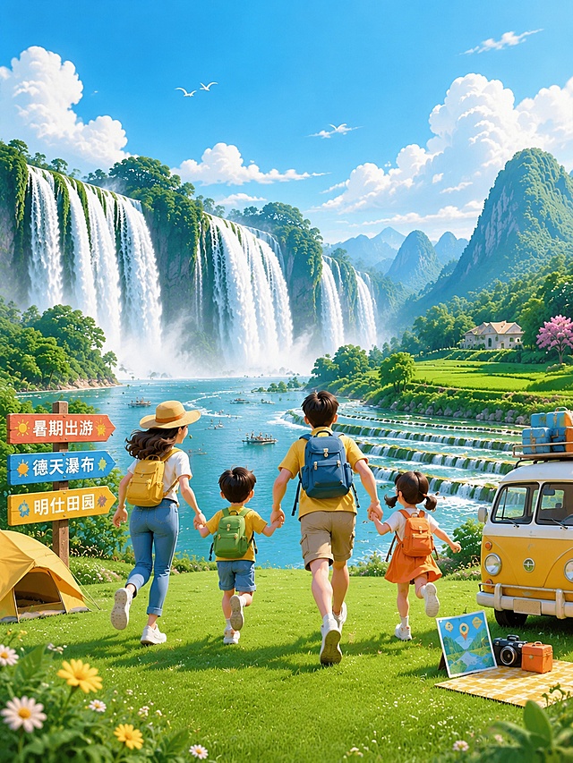 亲子图片，爸爸妈妈和孩子向前奔跑的开心背影，前面的风景是雄伟的德天跨国大瀑布和明仕田园鱼鳞坝，瀑布更大更壮观，适当添加暑期出游的装饰元素，整体风格简洁大气，适合暑期宣传，参考参考图的3D卡通插画风格