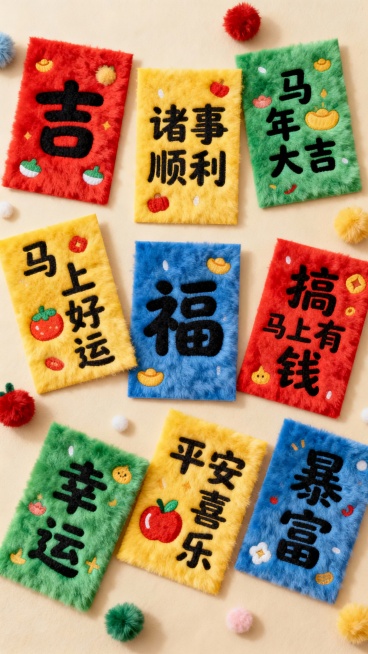 一组色彩丰富的吉祥书法卡片，包含“吉”“诸事顺利”“马年大吉”“马上好运”“福”“马上有钱”“搞钱”“幸运”“平安喜乐”“暴富”等文字，卡片有红、黄、蓝、绿等多种颜色，背景为浅米色，点缀毛绒小装饰，整预览效果