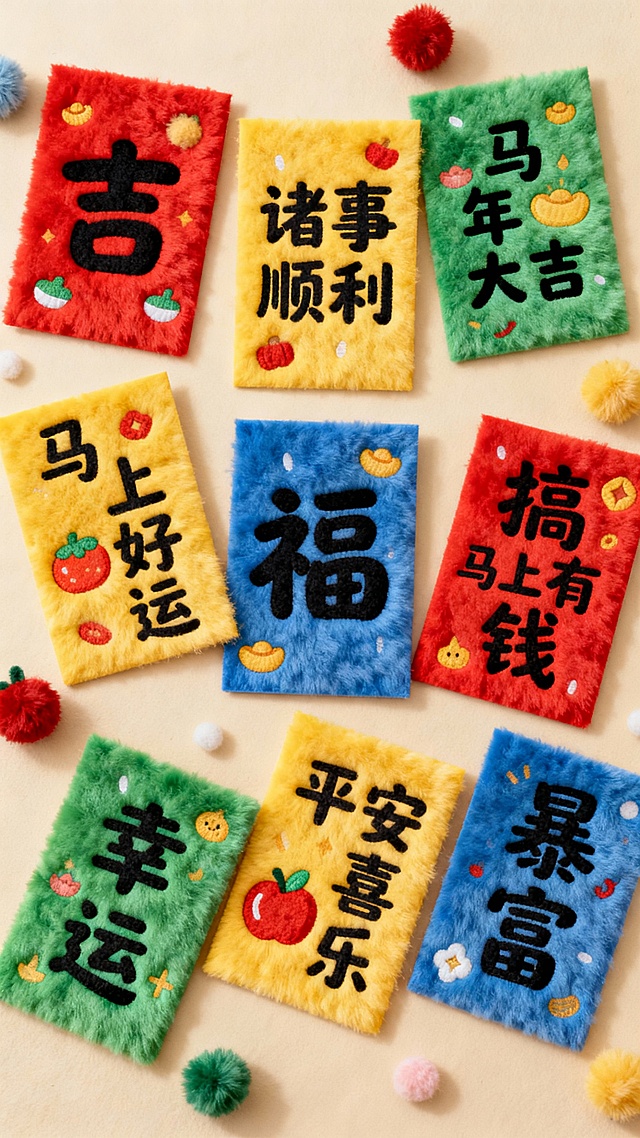 一组色彩丰富的吉祥书法卡片，包含“吉”“诸事顺利”“马年大吉”“马上好运”“福”“马上有钱”“搞钱”“幸运”“平安喜乐”“暴富”等文字，卡片有红、黄、蓝、绿等多种颜色，背景为浅米色，点缀毛绒小装饰，整体风格是喜庆可爱的手绘插画，突出新春祝福的氛围，毛绒绒质感