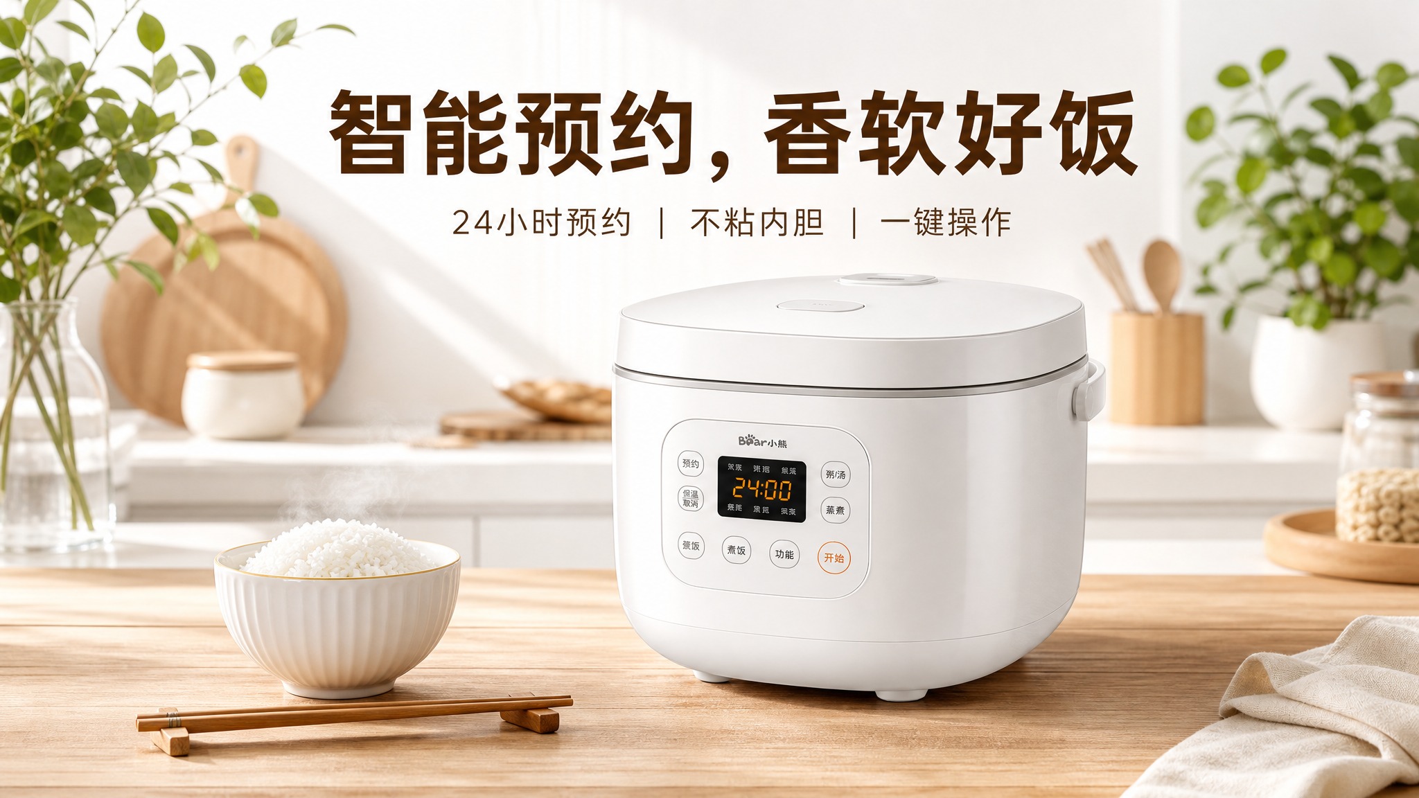 现代简约风格的电饭煲电商海报，主色调为白色和浅木色，营造温馨家… - 图片创意预览