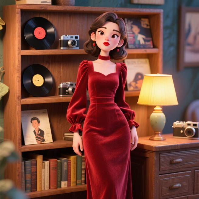 模特穿着酒红色灯芯绒连衣裙，站在老式木质书架前，书架上摆放黑胶唱片和复古相机，暖黄色台灯从侧方打光，裙摆垂坠感明显，袖口荷叶边细节清晰。模特妆容为复古红唇，眼神温柔望向镜头，背景轻微做旧模糊，突出服装预览效果