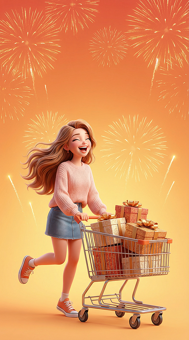 3D 风格卡通人物，年轻女性形象，超写实风格，长发，穿浅粉毛衣、牛仔羣，橙色运动鞋，双手推着购物车，购物车里装满一堆礼盒，表情很开心，充满活力，背景为橙黄色渐变，带点烟花，青春有活力，礼盒很精致，人物中画面下方，上下左右留大点空间，卡通