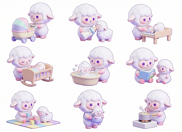 生成九个不同的关于母婴相关的衍生动作