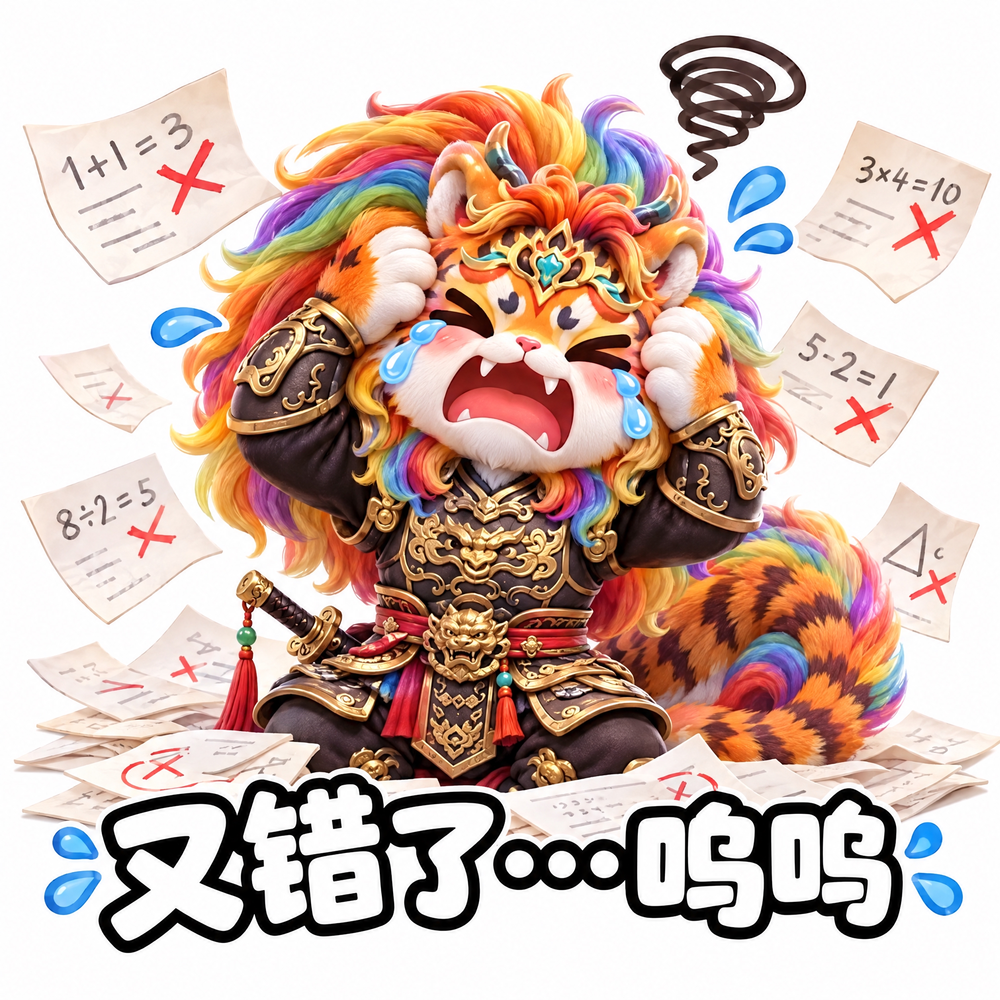 参考图中的彩虹鬃毛虎形神兽（穿黑色铠甲、持剑），做成可爱表情包… - 图片创意预览