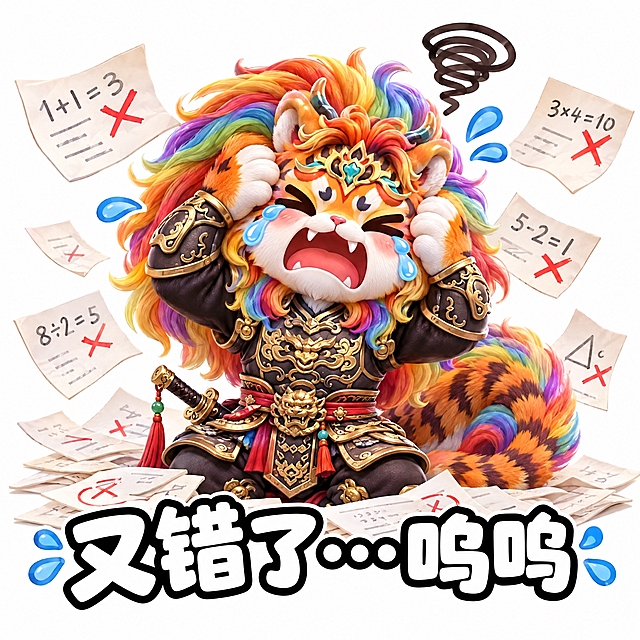 参考图中的彩虹鬃毛虎形神兽（穿黑色铠甲、持剑），做成可爱表情包风格，神兽做出抱头崩溃的表情，周围都是错题，下方配白色粗体字带黑色描边："又错了…呜呜"，纯白色背景，3D卡通质感，Q版可爱风格，表情包构图，正方形画面