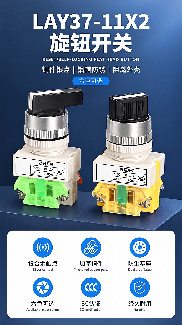 竖版750px宽详情页首屏，LAY37-11X2旋钮开关，全部用思源黑体，纯色不要渐变。

产品处理：两个旋钮开关（左边长柄绿色触点底座、右边短柄黄色触点底座）从原背景抠出，形状颜色不改；不要重新生成产品，产品和参考图一模一样；擦除两处品牌：两个产品标签上的菱形凯祥KAIXIANGlogo、浙江凯蓝电气科技有限公司；擦除后补成和标签一样的白色，不留灰色块残影；标签保留内容位置不动：按钮开关、Y090、Ith:10A、LAY37、Ui:660V、CCC标志；标签上的印刷字是产品照片的一部分，不要重新打字、不要重排、不要换位置，一个像素不动。

保留文案全部用思源黑体，纯色不要渐变：大标题LAY37-11X2 / 旋钮开关；英文RESET/SELF-LOCKING FLAT HEAD BUTTON；卖点铜件银点 | 铝帽防锈 | 阻燃外壳；蓝色标签六色可选；底部6个图标+文字：银合金触点 Silver contact、加厚铜件 Thickened copper parts、防尘基座 Dust proof base、六色可选 Available in six colors、3C认证 3C certification、经久耐用 durable。

新排版设计：大标题顶部居中；两个旋钮放中间并排；卖点和六色可选标签放标题下方；底部6个图标重新排列，不要照抄同行位置。

新背景：不要原来的浅灰金属柱。换成深灰蓝色渐变背景，两个旋钮打侧光突出金属帽质感，底部一个白色圆角卡片托住6个图标。