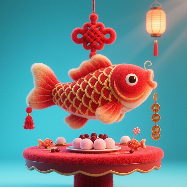主体：毛绒锦鲤中国结（渐变红绒 + 金绒鳞片，立体有型）；点缀：深红短绒甜品台（仅台面铺绒），甜品台边缘挂 2 个小毛绒流苏、1 串迷你毛绒铜钱；甜品：周围放着散落的迷你毛绒红豆沙团子（红豆绒粉 + 小毛绒锦鲤糖饰），摆主体下方；场景：背景挂 1 个迷你毛绒宫灯，暖光从下方斜射主体，勾勒绒面层次，点缀元素简约不繁复