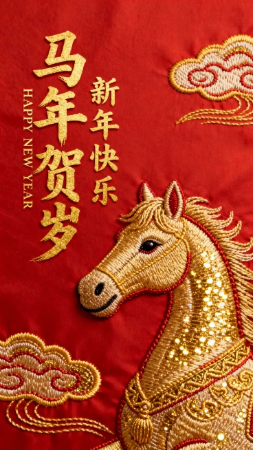 画面右下角是一匹金色刺绣质感的马头，搭配黄金绣纹祥云，左侧是金色书法大字主标题 “马年贺岁”，副标题“新年快乐”， 竖排小字“HAPPY NEW YEAR” 英文， 红色背景预览效果
