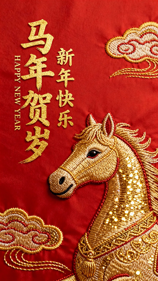 画面右下角是一匹金色刺绣质感的马头，搭配黄金绣纹祥云，左侧是金色书法大字主标题 “马年贺岁”，副标题“新年快乐”， 竖排小字“HAPPY NEW YEAR” 英文， 红色背景