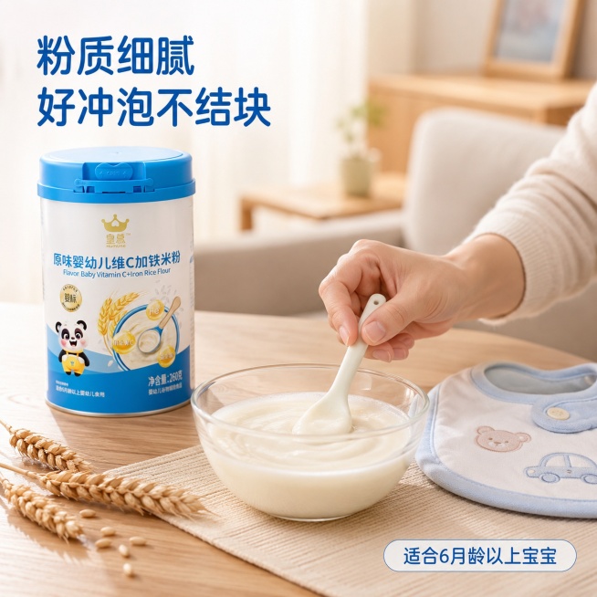 [主图-4] 冲调体验展示，突出粉质细腻好冲泡
[氛围风格] 真实使用场景，自然生活化，代入感强
[画质] 真实家庭摄影质感，柔和清晰，自然通透
[元素] 场景为居家婴儿餐桌，原米粉罐放置在餐桌左上角预览效果