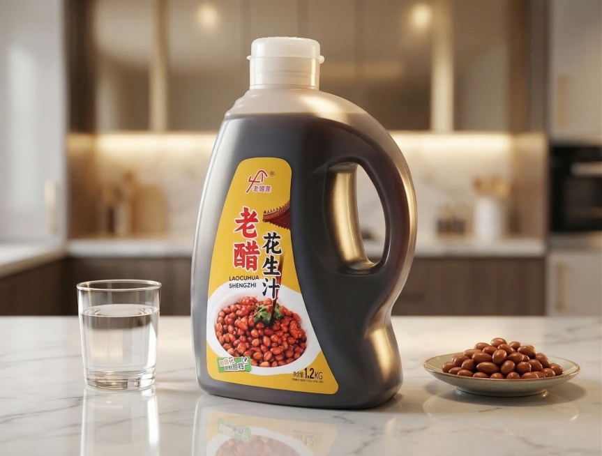 在轻奢现代厨房的白色大理石台面上摆放着一瓶老醋花生汁，保持产品原有Logo和文字原样，保持主体物理结构不变，瓶身形状和透视不变。采用轻奢优雅风，精致高光，搭配透明玻璃水杯和一小碟醋泡花生点缀，香槟金色预览效果