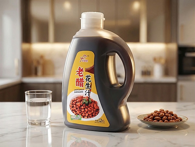 在轻奢现代厨房的白色大理石台面上摆放着一瓶老醋花生汁，保持产品原有Logo和文字原样，保持主体物理结构不变，瓶身形状和透视不变。采用轻奢优雅风，精致高光，搭配透明玻璃水杯和一小碟醋泡花生点缀，香槟金色调高级感，中心对称构图带有自然倒影，符合国内电商种草氛围感。产品底部带有自然柔和的接触阴影。负向提示词：瓶身扭曲，Logo变形，内部液化，多余的盖子，缺失的部件，变形的手柄，摄影灯，柔光箱，三脚架，水印，文字，昏暗光线，死黑阴影，畸变透视，比例失调，西方面孔，金发，深眼窝，雀斑，杂乱房间，硬光，乡村风，高对比度