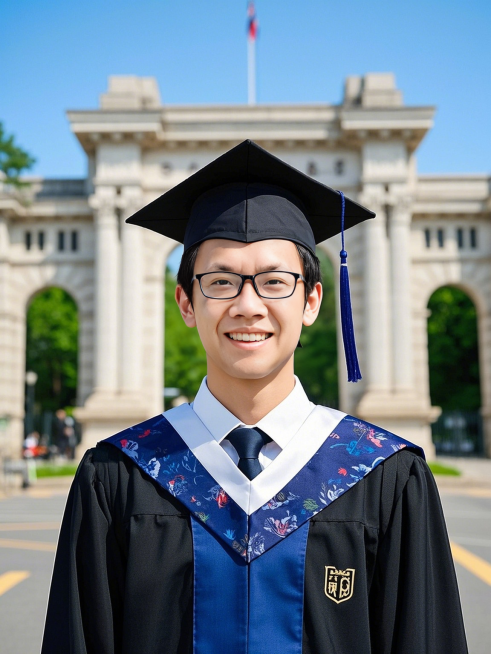一个男生，学士服穿搭，在对外经贸大学门前预览效果