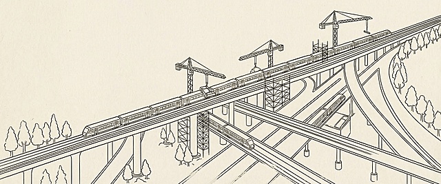 白描风线条勾勒工业感城市交通，2.5D视角呈现微缩艺术般的现代轨道交通，塔吊与高架桥交织科技感，印刷风质感尽显都市建设韵律。