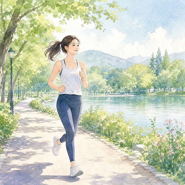 水彩手绘插画风格，一位年轻女士在公园步道上慢跑，身姿轻盈健康，远处有葱郁的树木和宁静的湖泊，柔和的自然光线洒落，低饱和清新配色，画面干净清爽，无任何文字，健康科普小插画风