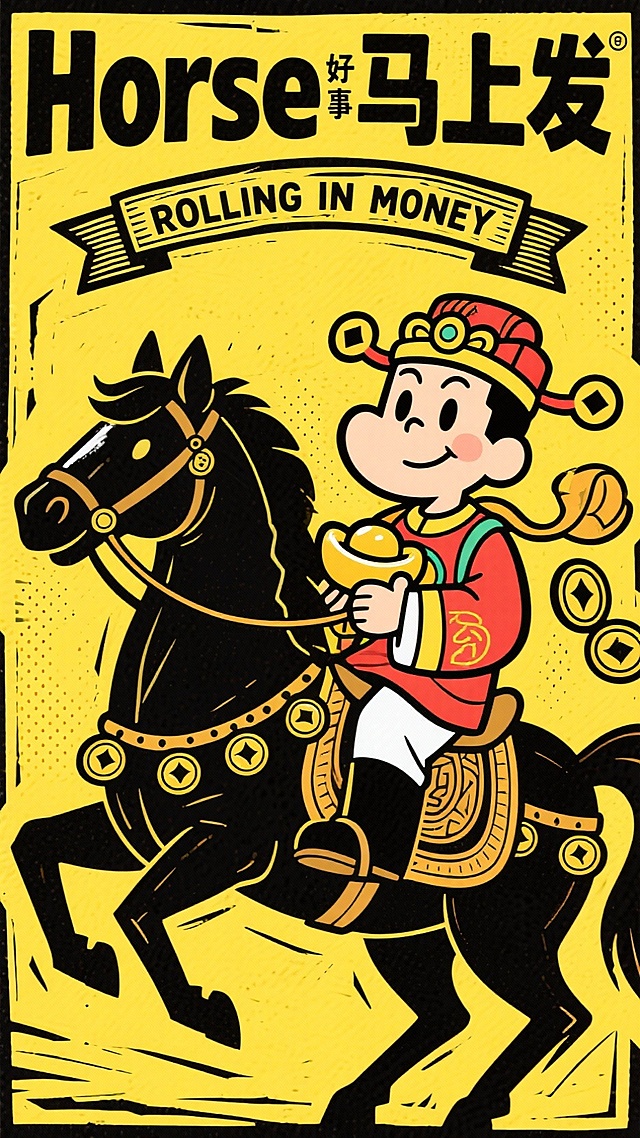 《茶杯头》画风，男生（财神服装），骑乘装饰铜钱元素的马，顶部标题 “Horse 马上发”在Horse顶部小字注解“好事”，底部复古的横幅 “ROLLING IN MONEY” ，氛围喜庆且具潮流感，黑色描边，黄色背景（带有淡淡的网点效果）