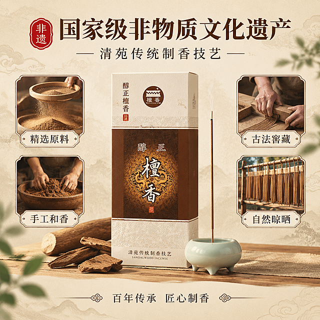 [主图-3] 非遗技艺与品质背书图，突出国家级非遗身份，强化产品价值感。
[统一基调] 新中式禅意风格，整体色调以米白、浅棕、深檀木色为主，自然柔和的午后侧光；标题字用深棕色宋体，辅助文字用深灰色，强调色用朱红色，字体统一，卡片用浅米色细边框。
[画面] 画面中央展示醇正檀香线香包装盒，旁边搭配传统制香工艺的场景元素小图（如手工筛粉、和泥、挤香、晾香等古法制香步骤的示意画面，以画中画形式呈现），背景为带有传统纹样的浅米色底，点缀几片檀香木片；主体产品占比约50%，制香工艺小图分布在周围。
[光影质感] 商业摄影质感，主产品光线柔和立体，工艺小图画中画效果清晰，整体光影统一为暖色调，体现传统工艺的厚重感。
[配色] 主背景浅米白带暗纹，产品深棕米白，标题深棕色，强调色朱红色，辅助文字深灰色。
[文字版式] 顶部主标题“国家级非物质文化遗产”，副标题“清苑传统制香技艺”；下方四个小图标分别对应“精选原料”“手工和香”“古法窖藏”“自然晾晒”四个制香步骤；底部小字“百年传承 匠心制香”；文字均放在负空间，不遮挡产品。
[输出要求] 1:1正方形，产品清晰不变形，文字清晰可读，无错字，无水印，无平台Logo，无杂乱元素。