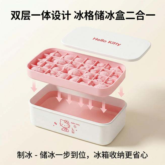 ins软萌少女风，严格还原上传的Hello Kitty冰格套装，产品尺寸比例1:1。主视觉：爆炸视图展示，冰格与储冰盒拆开呈现，冰格在上、储冰盒在下，用箭头标注组合方式，背景为奶白渐变，突出双层二合一预览效果