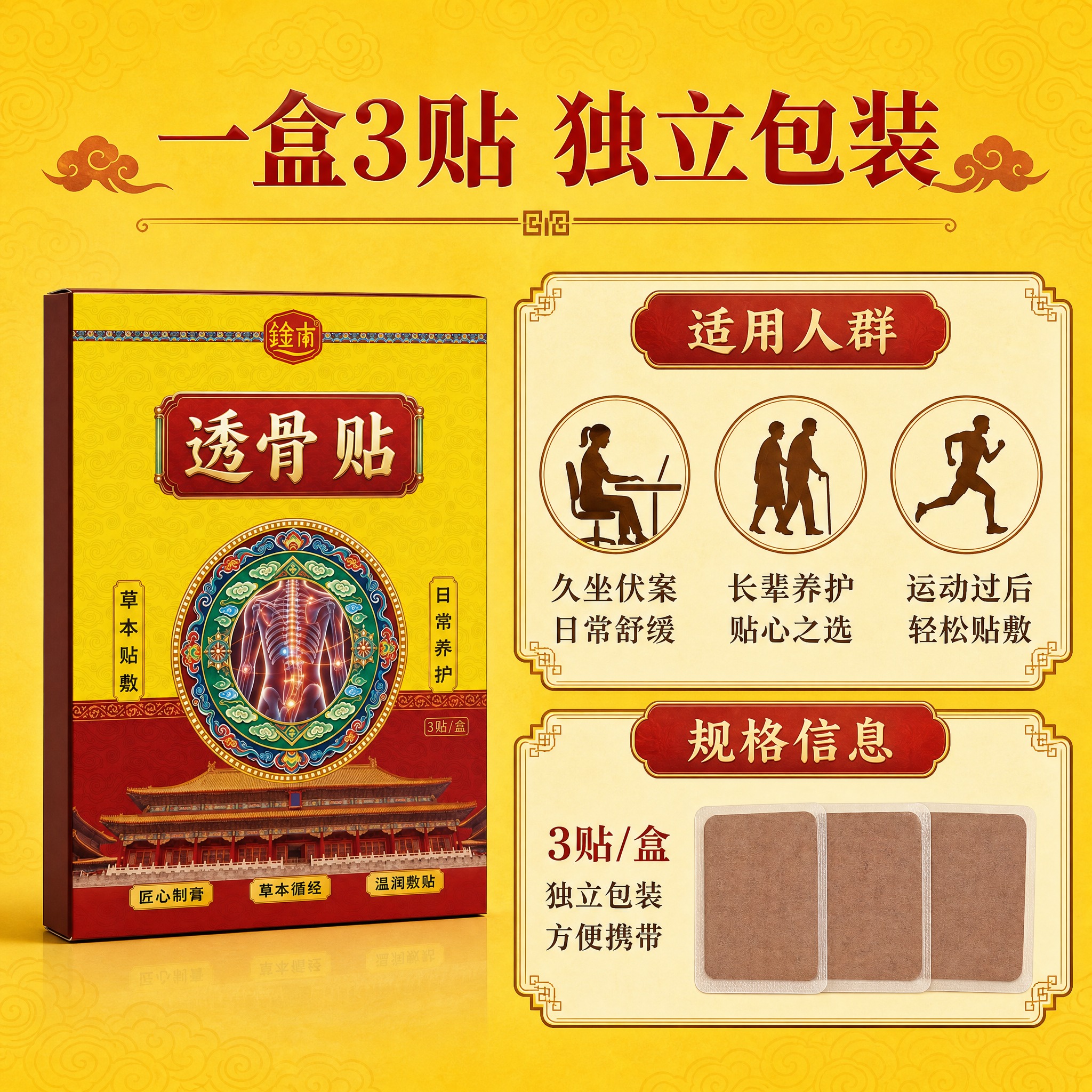 [主图-5] 鈡南透骨贴规格包装与适用人群说明图，帮助消费者快… - 图片创意预览