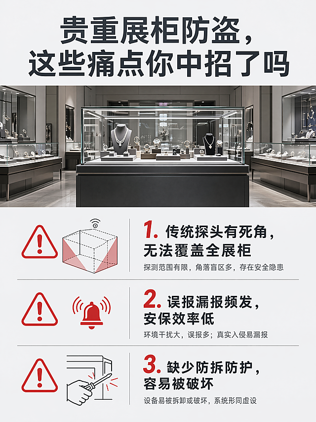 [第2屏] 详情页痛点直击页，解析贵重物品展柜防盗的常见难题。无需使用产品图。
[氛围/风格] 浅灰商务风，清晰直观，突出痛点问题，专业严肃质感
[元素布局] 页面分为上下两部分，上半部分配真实展柜场景图，下半部分列出三大核心痛点问题，每个痛点配警示图标；背景浅灰留白，标题放大突出
[光影质感] 均匀平光，文字与场景清晰，无强烈明暗对比，保证手机端可读性
[配色色系] 全局底色 #F5F6F8；主色深灰文字；辅助色红色警示标注；深灰线条分割
[视角构图] 全屏图文排版，标题上置，痛点分点纵向排列，阅读流畅从上到下
[文字版式] 顶部大标题「贵重展柜防盗，这些痛点你中招了吗」；三个痛点分块排列：1. 传统探头有死角，无法覆盖全展柜；2. 误报漏报频发，安保效率低；3. 缺少防拆防护，容易被破坏；每个痛点配醒目图标，文字清晰不遮挡
[比例分辨率] 3:4 纵向比例，宽度1440，4K分辨率，文字清晰可辨，高清画质
[负向提示词] 文字错乱，文字过小，水印，背景杂乱，颜色突兀，构图失衡