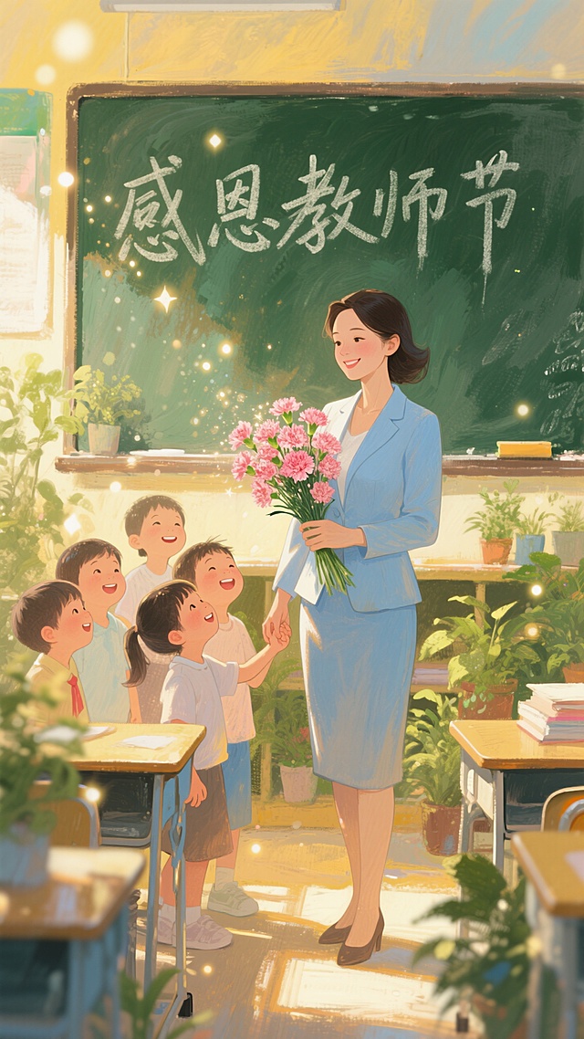 以教师节为灵感，描绘教室场景里，学生给老师送花，老师微笑回应，黑板写 “感恩教师节”，满是温馨感恩氛围。