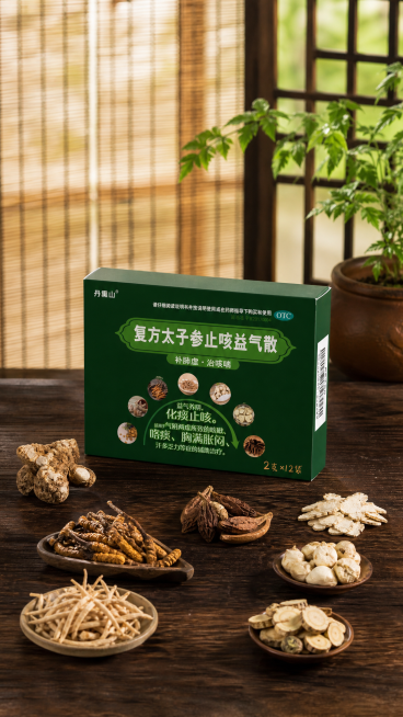 深绿色中药盒子放在深色木案上，盒面印有"复方太子参止咳益气散"和"补肺虚·治咳喘"小字。木案前景不规则摆放太子参、冬虫夏草、浙贝母、天花粉、槟榔、白及、甘草七味药材，带有自然阴影。背景是虚化的中式竹帘预览效果